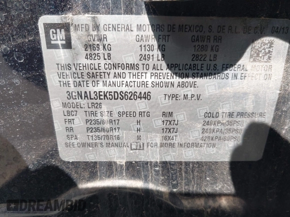 2013 Chevrolet Captiva Sport LT with VIN 3GNAL3EK5DS626446, listed as a IAAI auction lot 42057362 with 157,499 mi miles. Bid and sale history available at carsss.com. Image 9.