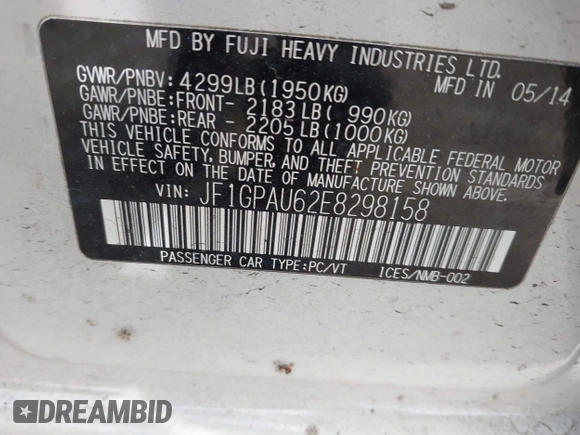2014 Subaru Impreza Special Sports Limited with VIN JF1GPAU62E8298158, listed as a IAAI auction lot 42000880 with 100,817 mi miles and . Bid and sale history available at DreamBid. Image 9.