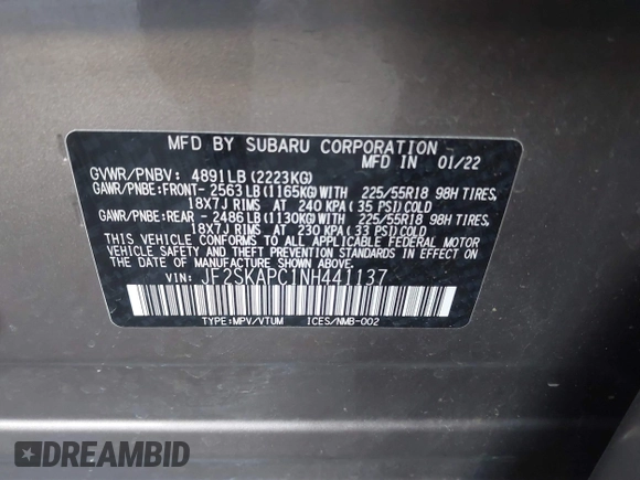 2022 Subaru Forester Limited with VIN JF2SKAPC1NH441137, listed as a IAAI auction lot 41420485 with 41,995 mi miles. Bid and sale history available at carsss.com. Image 9.