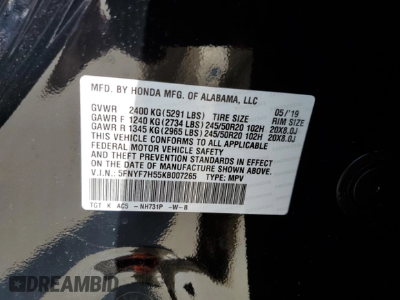 2019 Honda Passport EX-L with VIN 5FNYF7H55KB007265, listed as a Copart auction lot 75749484 with 53,408 mi miles and Salvage Title. Bid and sale history available at carsss.com. Image 13.