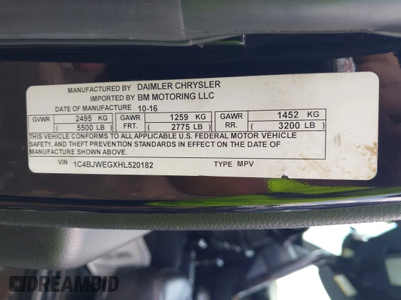 2017 Jeep Wrangler Unlimited Sahara with VIN 1C4BJWEGXHL520182, listed as a IAAI auction lot 42616692 with 88,169 mi miles and . Bid and sale history available at DreamBid. Image 9.