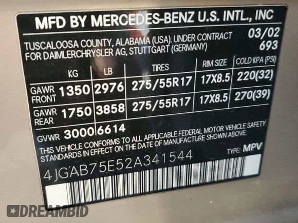 2002 Mercedes-Benz M-Class with VIN 4JGAB75E52A341544, listed as a Copart auction lot 67508594 with 171,626 mi miles and Salvage Title. Bid and sale history available at carsss.com. Image 13.