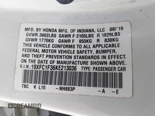 2019 Honda Civic Sedan EX with VIN 19XFC1F36KE213036, listed as a IAAI auction lot 41817643 with 83,332 mi miles. Bid and sale history available at carsss.com. Image 9.