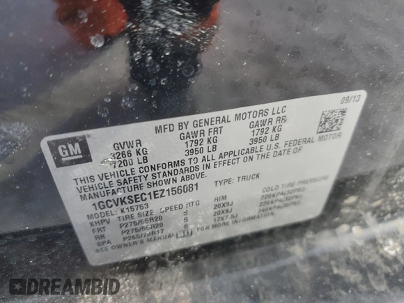 2014 Chevrolet Silverado 1500 LTZ with VIN 1GCVKSEC1EZ156081, listed as a Copart auction lot 41831735 with 107,961 mi miles and Salvage Title. Bid and sale history available at DreamBid. Image 13.