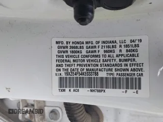 2019 Honda Insight EX with VIN 19XZE4F54KE033788, listed as a IAAI auction lot 41719722 with 101,227 mi miles and . Bid and sale history available at carsss.com. Image 9.