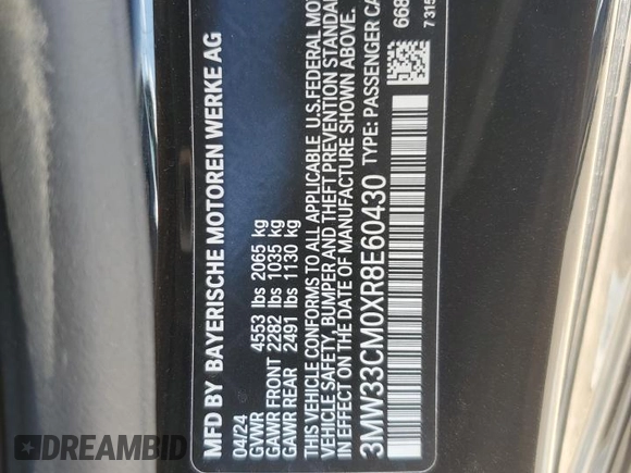 2024 BMW 2 Series 230i xDrive with VIN 3MW33CM0XR8E60430, listed as a Copart auction lot 62824715 with 8,308 mi miles and Salvage title. Bid and sale history available at DreamBid. Image 13.