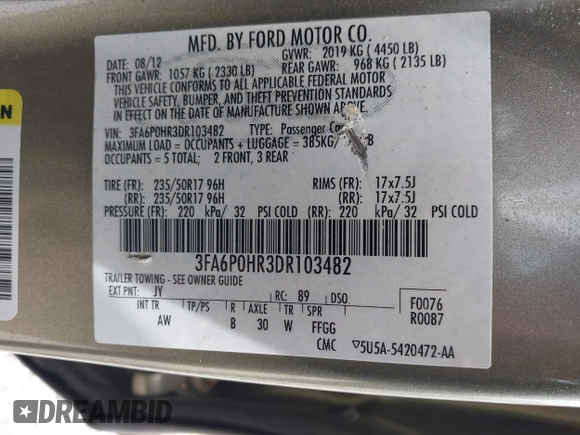 2013 Ford Fusion SE z VIN 3FA6P0HR3DR103482, wystawiony jako IAAI lot #42030104 z przebiegiem 217 329 mil mil oraz . Historia ofert i sprzedaży dostępna na DreamBid. Obrazek 9.