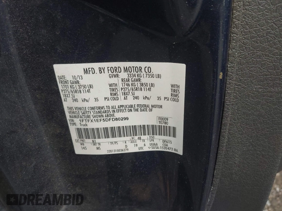 2013 Ford F-150 XL with VIN 1FTFX1EF5DFD80299, listed as a IAAI auction lot 41847889 with 278,128 mi miles and . Bid and sale history available at carsss.com. Image 9.