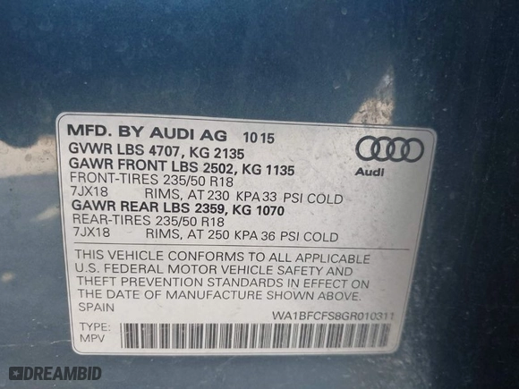 2016 Audi Q3 Premium Plus with VIN WA1BFCFS8GR010311, listed as a IAAI auction lot 41927789 with 91,400 mi miles. Bid and sale history available at carsss.com. Image 9.