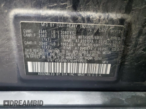 2013 Subaru Outback 2.5i Premium with VIN 4S4BRBCC9D3276905, listed as a Copart auction lot 62133234 with 148,541 mi miles and Salvage Title. Bid and sale history available at carsss.com. Image 15.