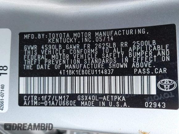 2014 Toyota Avalon Limited with VIN 4T1BK1EB0EU114837, listed as a IAAI auction lot 40051759 with 92,379 mi miles and . Bid and sale history available at DreamBid. Image 9.