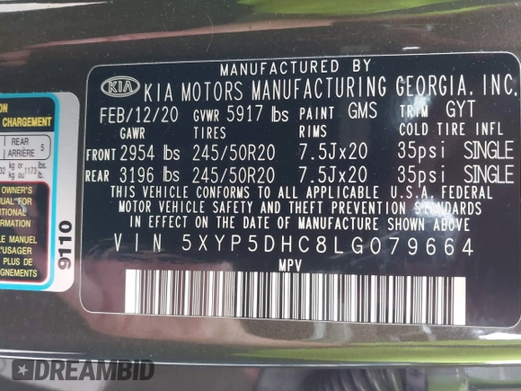 2020 Kia Telluride SX with VIN 5XYP5DHC8LG079664, listed as a IAAI auction lot 42222352 with 98,348 mi miles and . Bid and sale history available at DreamBid. Image 9.