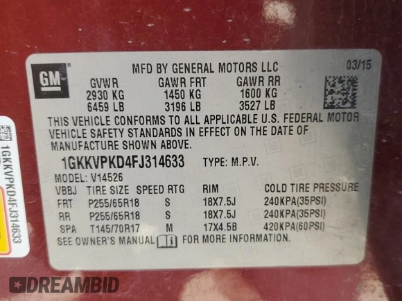 2015 GMC Acadia SLE с VIN 1GKKVPKD4FJ314633, выставлен на аукционе Copart как лот 59374935 с пробегом 102 001 миль миль и Списание • Salvage title. История ставок и продаж доступна на DreamBid. Изображение 13.