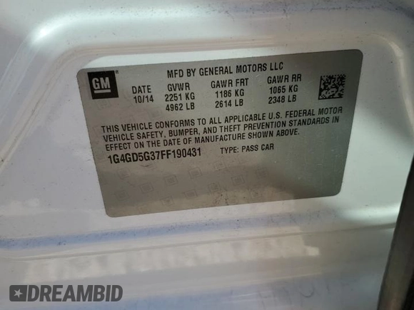 2015 Buick LaCrosse Premium I with VIN 1G4GD5G37FF190431, listed as a Copart auction lot 50805015 with 109,393 mi miles and Salvage title. Bid and sale history available at DreamBid. Image 15.
