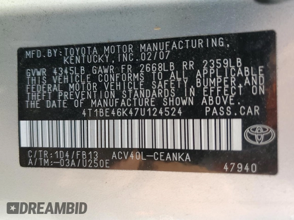 2007 Toyota Camry CE with VIN 4T1BE46K47U124524, listed as a Copart auction lot 56059515 with 139,230 mi miles and Clean Title. Bid and sale history available at DreamBid. Image 12.