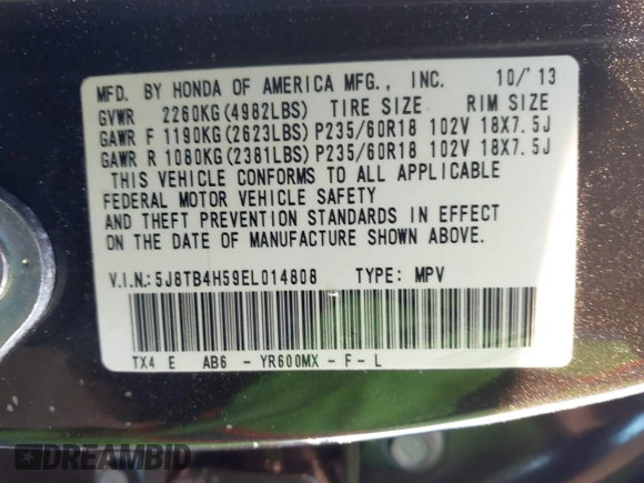 2014 Acura RDX Tech Pkg with VIN 5J8TB4H59EL014808, listed as a IAAI auction lot 41819950 with 92,464 mi miles. Bid and sale history available at carsss.com. Image 9.