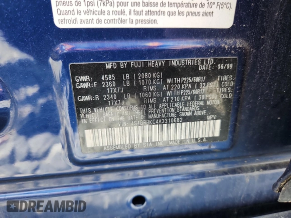 2010 Subaru Outback Limited Power Moon with VIN 4S4BRBKC4A3310682, listed as a Copart auction lot 62468425 with 203,903 mi miles and Clean title. Bid and sale history available at DreamBid. Image 12.