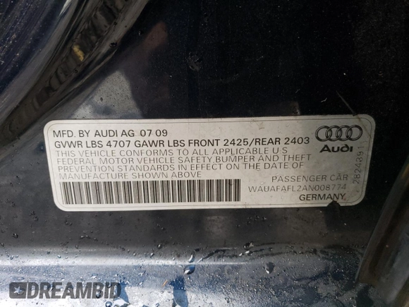 2010 Audi A4 2.0T Premium with VIN WAUAFAFL2AN008774, listed as a Copart auction lot 42754175 with 166,259 mi miles and Salvage Title. Bid and sale history available at carsss.com. Image 13.