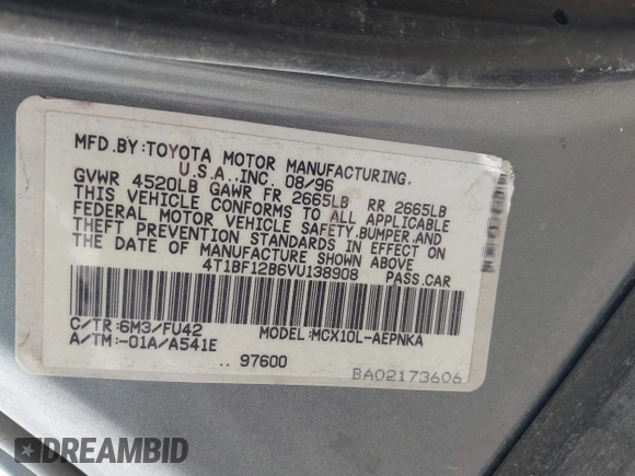 1997 Toyota Avalon XL with VIN 4T1BF12B6VU138908, listed as a IAAI auction lot 41901166 with 208,524 mi miles and . Bid and sale history available at DreamBid. Image 9.
