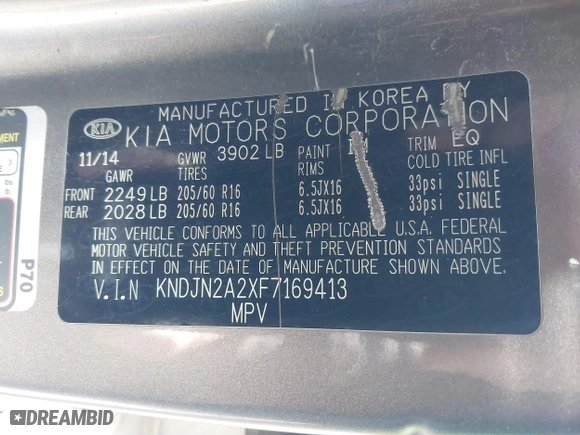 2015 Kia Soul with VIN KNDJN2A2XF7169413, listed as a IAAI auction lot 41749116 with 143,769 mi miles. Bid and sale history available at carsss.com. Image 9.