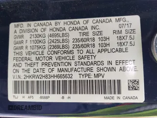 2017 Honda CR-V EX-L with VIN 2HKRW2H83HH665632, listed as a IAAI auction lot 41923536 with 71,382 mi miles. Bid and sale history available at carsss.com. Image 9.