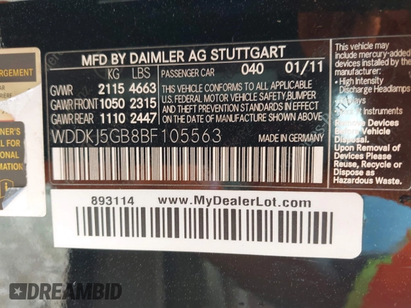 2011 Mercedes-Benz E 350 with VIN WDDKJ5GB8BF105563, listed as a IAAI auction lot 42137915 with 169,319 mi miles and . Bid and sale history available at DreamBid. Image 9.