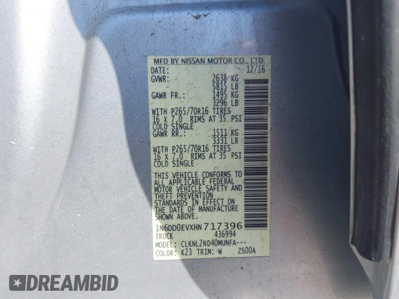 2017 Nissan Frontier SV with VIN 1N6DD0EVXHN717396, listed as a IAAI auction lot 41787678 with 62,764 mi miles and . Bid and sale history available at DreamBid. Image 9.