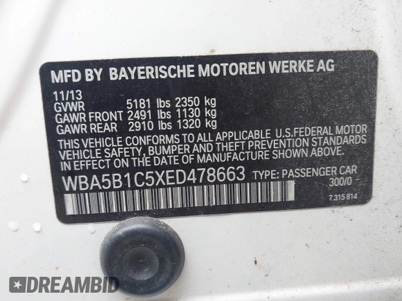 2014 BMW 5 Series 535i with VIN WBA5B1C5XED478663, listed as a IAAI auction lot 41497986 with 94,919 mi miles and . Bid and sale history available at DreamBid. Image 9.