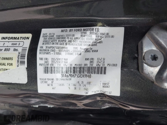 2016 Ford Fusion SE with VIN 3FA6P0H75GR349940, listed as a IAAI auction lot 41934470 with 150,699 mi miles. Bid and sale history available at carsss.com. Image 9.