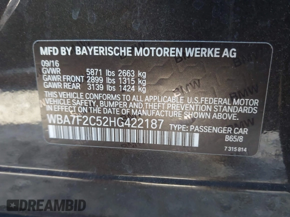 2017 BMW 7 Series ALPINA B7 xDrive with VIN WBA7F2C52HG422187, listed as a IAAI auction lot 41319169 with 114,883 mi miles. Bid and sale history available at carsss.com. Image 9.