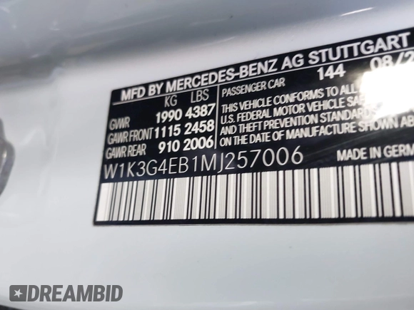 2021 Mercedes-Benz A 220 with VIN W1K3G4EB1MJ257006, listed as a IAAI auction lot 41772402 with 105,128 mi miles and . Bid and sale history available at DreamBid. Image 9.