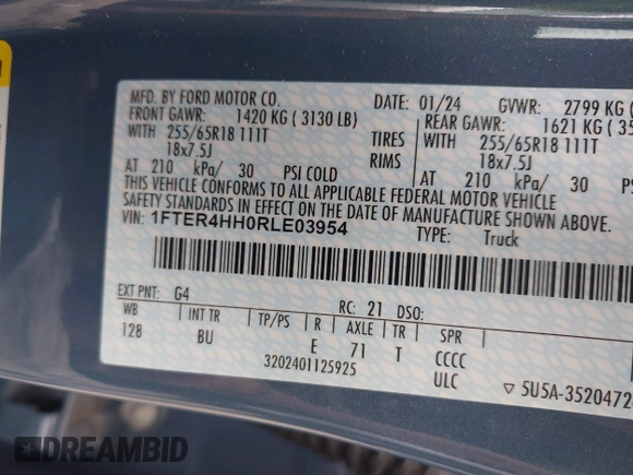 2024 Ford Ranger XLT with VIN 1FTER4HH0RLE03954, listed as a IAAI auction lot 42430528 with 4,549 mi miles and . Bid and sale history available at DreamBid. Image 9.