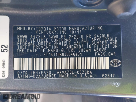 2018 Toyota Camry LE z VIN 4T1B11HK0JU546451, wystawiony jako IAAI lot #41054832 z przebiegiem 35 660 mil mil oraz . Historia ofert i sprzedaży dostępna na DreamBid. Obrazek 9.