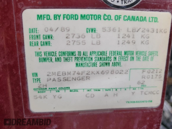 1989 Mercury Grand Marquis GS z VIN 2MEBM74F2KX698022, wystawiony jako Copart lot #44941735 z przebiegiem Nie podano mil oraz Nie do naprawy • Non repairable. Historia ofert i sprzedaży dostępna na DreamBid. Obrazek 24.