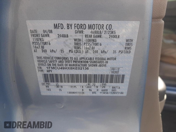 2008 Ford Escape Hybrid with VIN 1FMCU49HX8KE02136, listed as a Copart auction lot 58233195 with 205,532 mi miles and Salvage title. Bid and sale history available at DreamBid. Image 14.