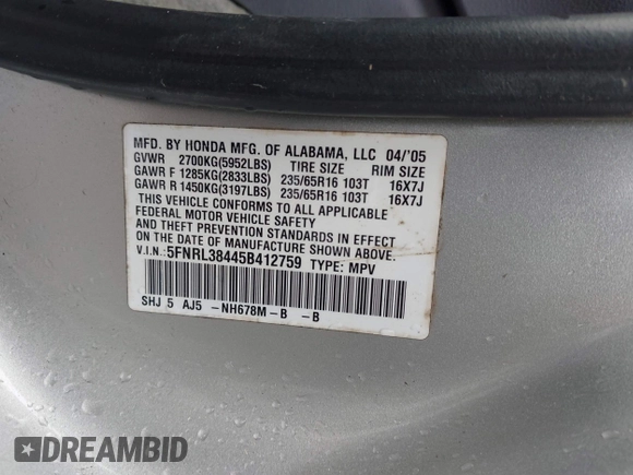 2005 Honda Odyssey EX with VIN 5FNRL38445B412759, listed as a IAAI auction lot 41975304 with 133,221 mi miles. Bid and sale history available at carsss.com. Image 9.