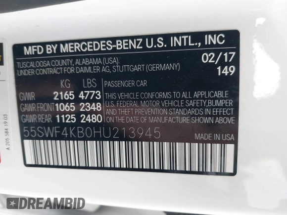 2017 Mercedes-Benz C 300 with VIN 55SWF4KB0HU213945, listed as a IAAI auction lot 42441143 with 100,274 mi miles and . Bid and sale history available at DreamBid. Image 9.