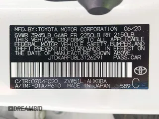 2020 Toyota Prius L Eco z VIN JTDKARFU8L3126291, wystawiony jako IAAI lot #42190242 z przebiegiem 60 404 mil mil oraz . Historia ofert i sprzedaży dostępna na DreamBid. Obrazek 9.