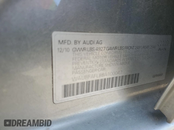 2011 Audi A4 Premium with VIN WAUBFAFL8BA100047, listed as a Copart auction lot 76942534 with 100,120 mi miles and Salvage Title. Bid and sale history available at carsss.com. Image 12.
