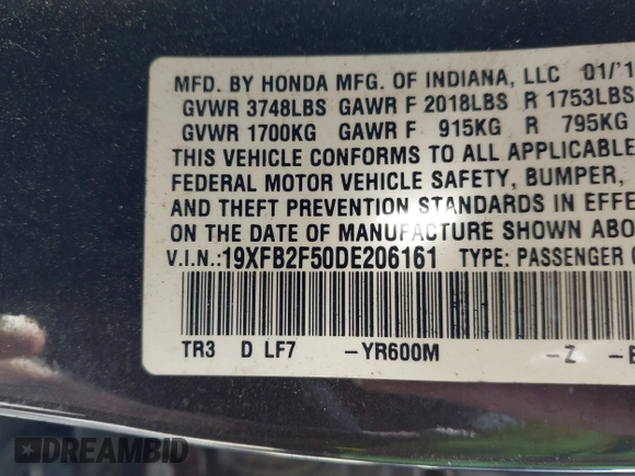 2013 Honda Civic LX with VIN 19XFB2F50DE206161, listed as a IAAI auction lot 41773555 with 165,733 mi miles and . Bid and sale history available at DreamBid. Image 9.