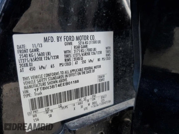2014 Ford F-350 XLT with VIN 1FT8W3BT4EEB01188, listed as a Copart auction lot 55171925 with 273,834 mi miles and Salvage Title. Bid and sale history available at DreamBid. Image 13.