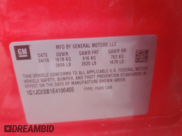2014 Chevrolet Sonic LT with VIN 1G1JC6SB1E4196455, listed as a Copart auction lot 44398885 with 59,348 mi miles and Salvage Title. Bid and sale history available at carsss.com. Image 15.