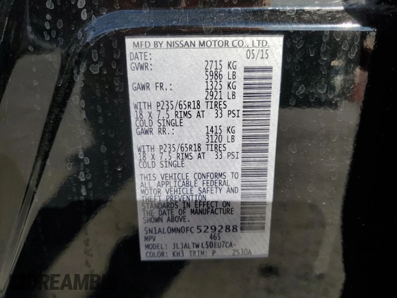 2015 Infiniti QX60 with VIN 5N1AL0MN0FC529288, listed as a Copart auction lot 50513185 with 121,832 mi miles and Salvage Title. Bid and sale history available at DreamBid. Image 13.