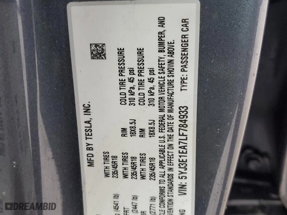 2020 Tesla Model 3 Standard Range Plus with VIN 5YJ3E1EA7LF784933, listed as a Copart auction lot 47296505 with 0 mi miles and Salvage Title. Bid and sale history available at carsss.com. Image 12.