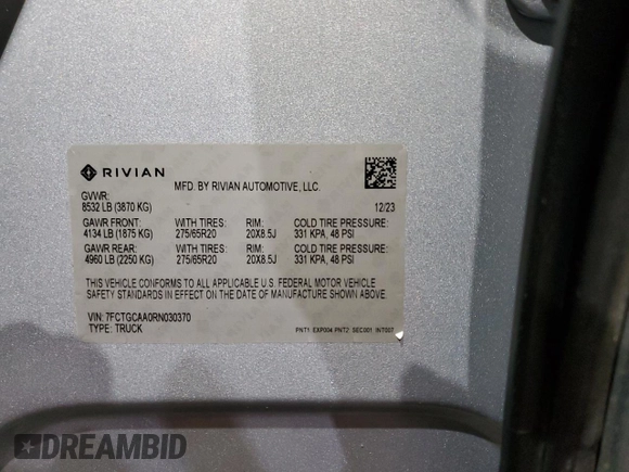 2024 Rivian R1T Adventure z VIN 7FCTGCAA0RN030370, wystawiony jako Copart lot #87251784 z przebiegiem 11 549 mil mil oraz Szkody całkowita. Historia ofert i sprzedaży dostępna na DreamBid. Obrazek 13.