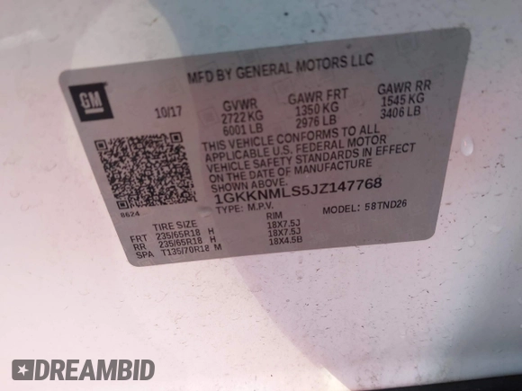 2018 GMC Acadia SLT with VIN 1GKKNMLS5JZ147768, listed as a IAAI auction lot 41710166 with 138,683 mi miles and . Bid and sale history available at carsss.com. Image 9.
