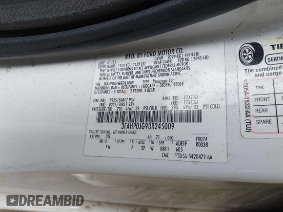 2011 Ford Fusion SEL with VIN 3FAHP0JG9BR245009, listed as a IAAI auction lot 41898112 with 1 mi miles. Bid and sale history available at carsss.com. Image 9.