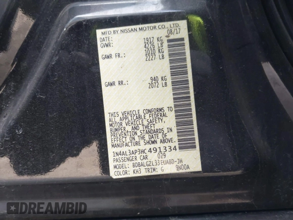 2017 Nissan Altima SV with VIN 1N4AL3AP3HC491334, listed as a IAAI auction lot 41599392 with 107,702 mi miles and . Bid and sale history available at carsss.com. Image 9.