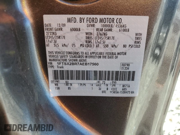 2010 Ford F-250 XL with VIN 1FTSX2BR7AEB17560, listed as a Copart auction lot 61252175 with 66,591 mi miles and Salvage title. Bid and sale history available at DreamBid. Image 12.