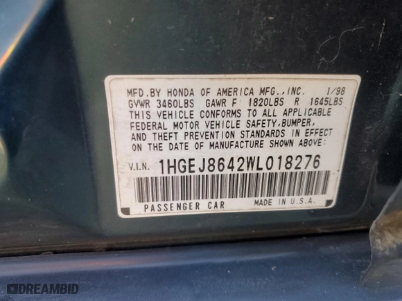 1998 Honda Civic EX with VIN 1HGEJ8642WL018276, listed as a Copart auction lot 82837324 with 217,713 mi miles and Salvage Title. Bid and sale history available at carsss.com. Image 12.